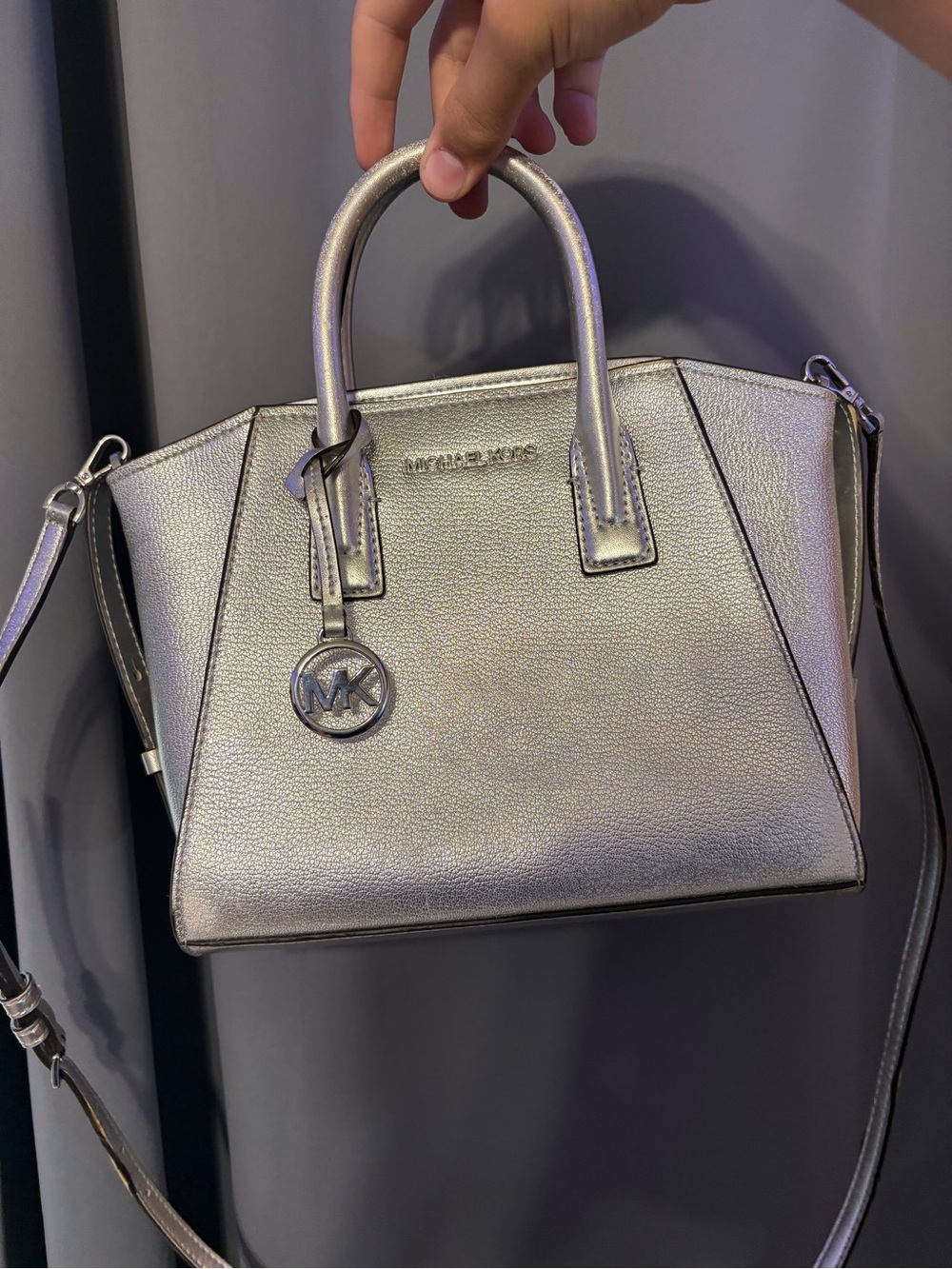 Michael Kors Metallic Silver Leather Satchel with MK Charm